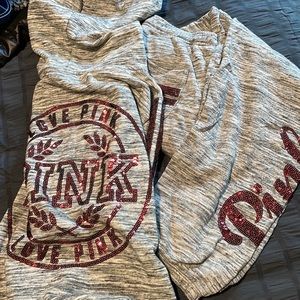 SET OF PINK Victoria’s Secret full zip hoodie set(S)/pant(XS);heather gray/wine